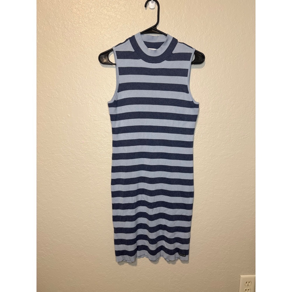 Calvin Klein Jeans Blue Striped Sleeveless Ribbed Knit Bodycon Mini Dress